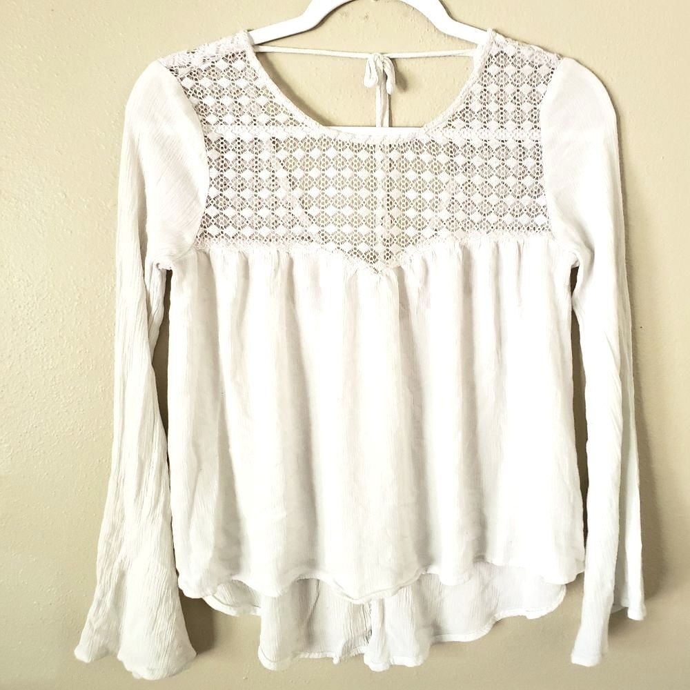 Fashion On Earth White Crochet Lace Blouse Boho Cottagecore Open Back Top Small